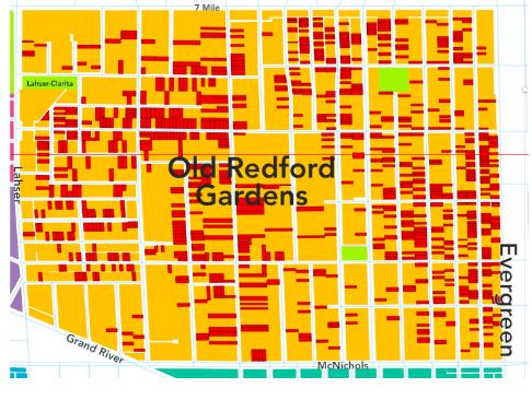 A map of Old Redford Gardens. Areas highlighted in red are Detroit Landbank Properties