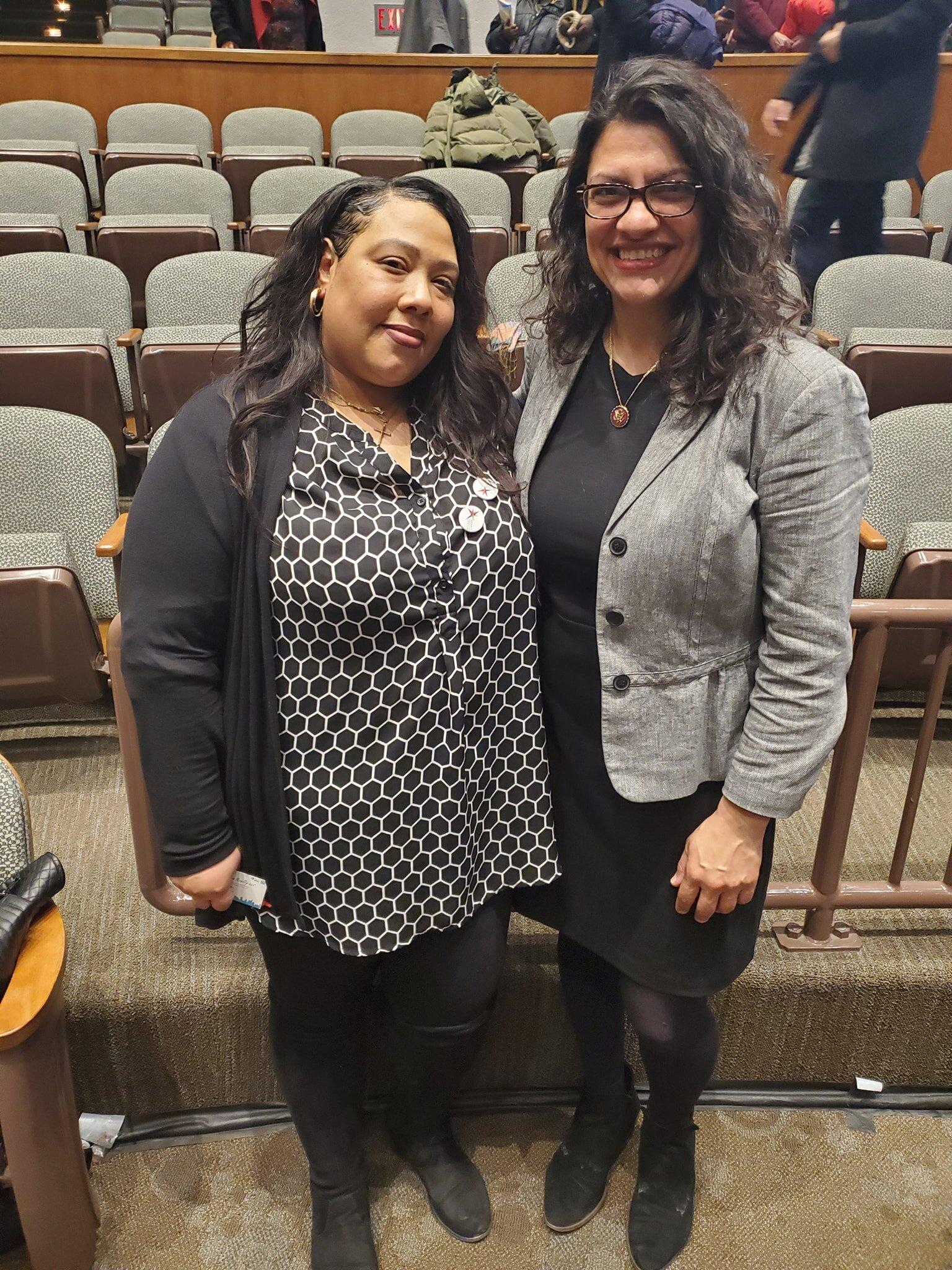 Detroit Justice Center Community Legal Worker Sonja Bonnett with Congresswoman Rashida Tlaib.
