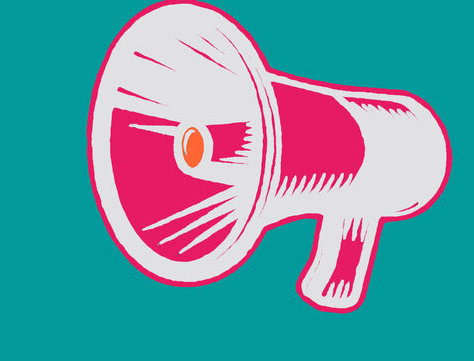 An illustration of a pink megaphone on a green background.