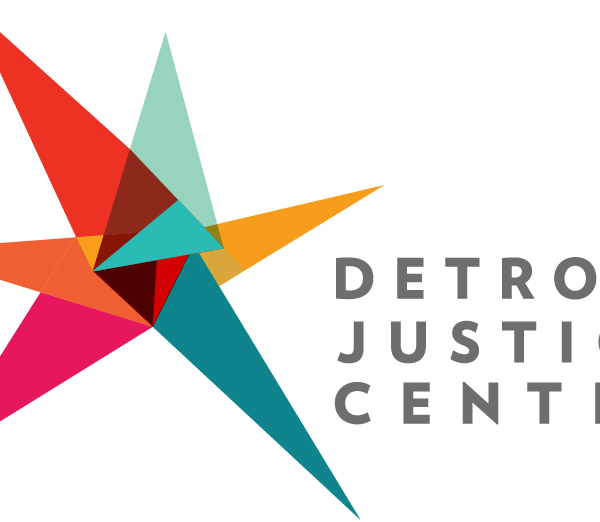 DJC's spark logo with the words Detroit Justice Center in grey on the right