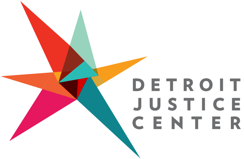 DJC's spark logo with the words Detroit Justice Center in grey on the right