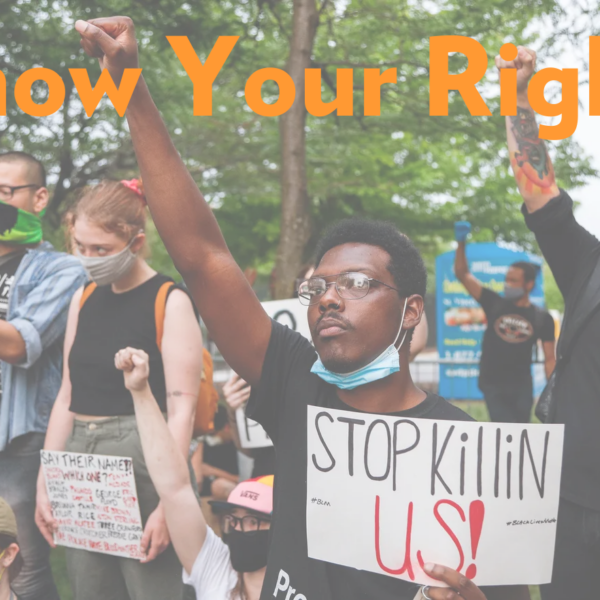 A digital color photograph of five people at a protest with their fists raised in the air. In the front of the image is a Black man with glasses holding a sign that reads "stop killing us!". At the top of the image is the heading "know your rights".