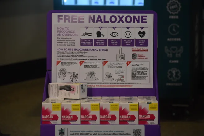 An example of a tabletop harm reduction station provided by the Detroit Health Department to local businesses like barber shops and beauty salons. The stations contain free naloxone, a medication that can quickly reduce opioid overdoses.