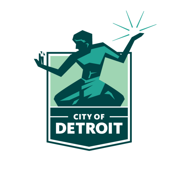 the green "city of detroit" logo with the spirit of detroit depicted