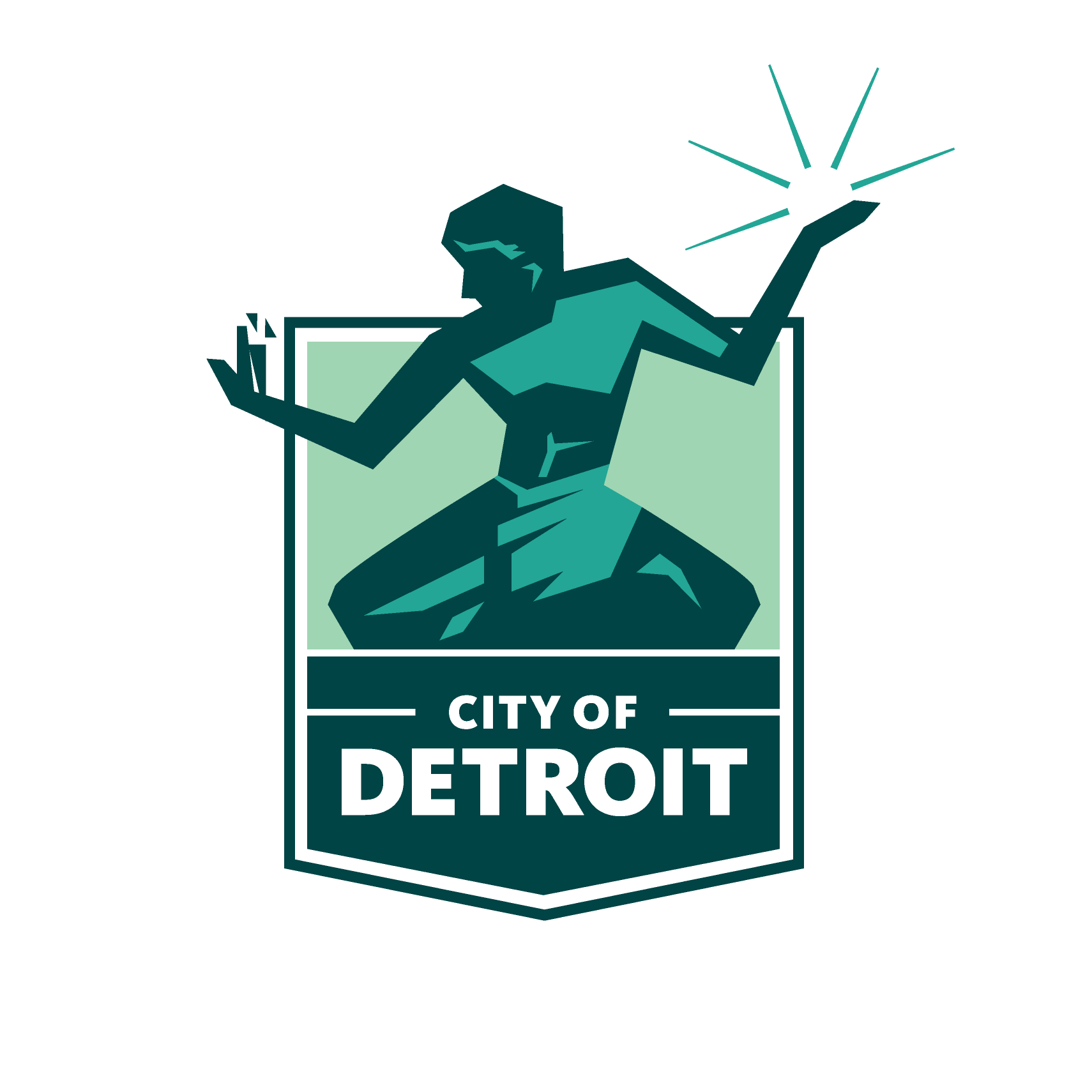 the green "city of detroit" logo with the spirit of detroit depicted