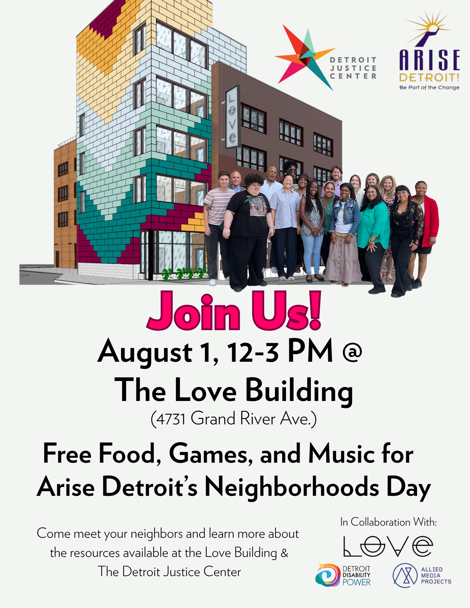 A flyer featuring the Love Building and a group photo of DJC staff inviting people to come to the Love Building August 1, from 12-3 pm to enjoy free food, music, activities and to learn more about resources in the building.
