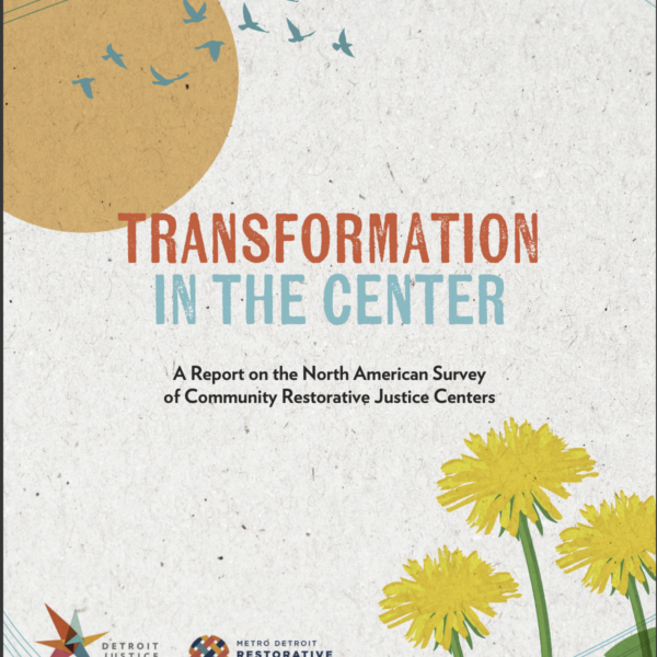 Cover of the Transformation In the Center report, with a orange sun and flock of birds, yellow blooming dandelions, and the logos for the detroit justice center and metro detroit restorative justice network.